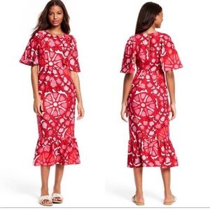 RHODE Vibrant Red and White Floral Midi Dress